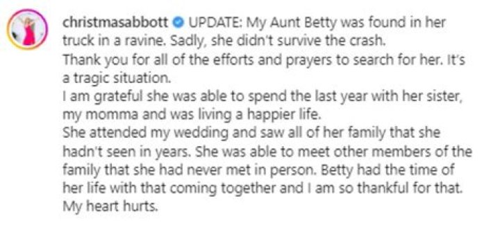 Christmas Abbott reveals that her missing aunt has passed away