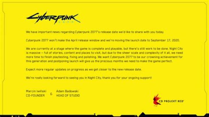 Cyberpunk 2077 Delayed Until September