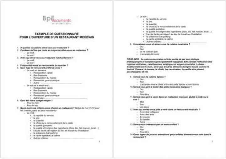Exemple de questionnaire pour ouverture restaurant (Word)