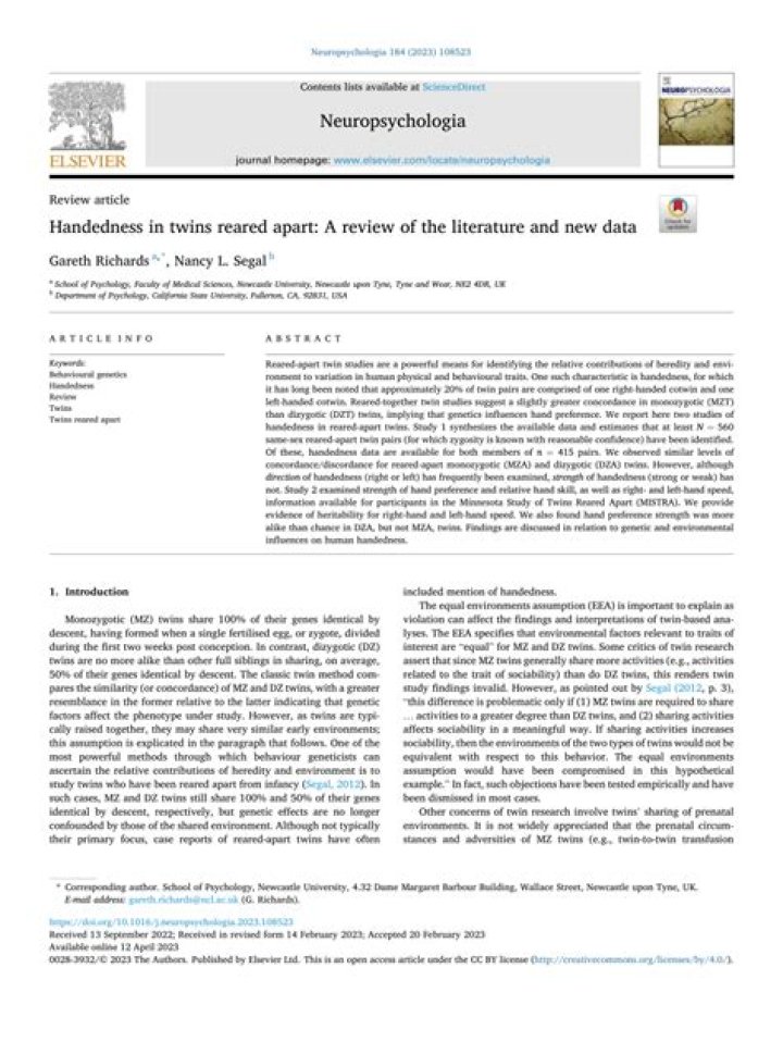 Handedness in twins reared apart: A review of the literature and new data - ePrints