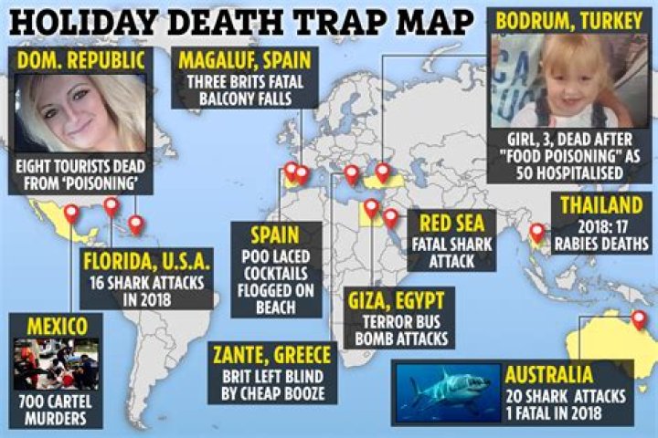 Holiday deathtrap map reveals the shark, terror and health threats at Brit hotspots