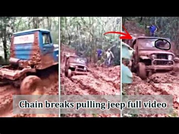 Jeep chain video: Chain breaks pulling jeep