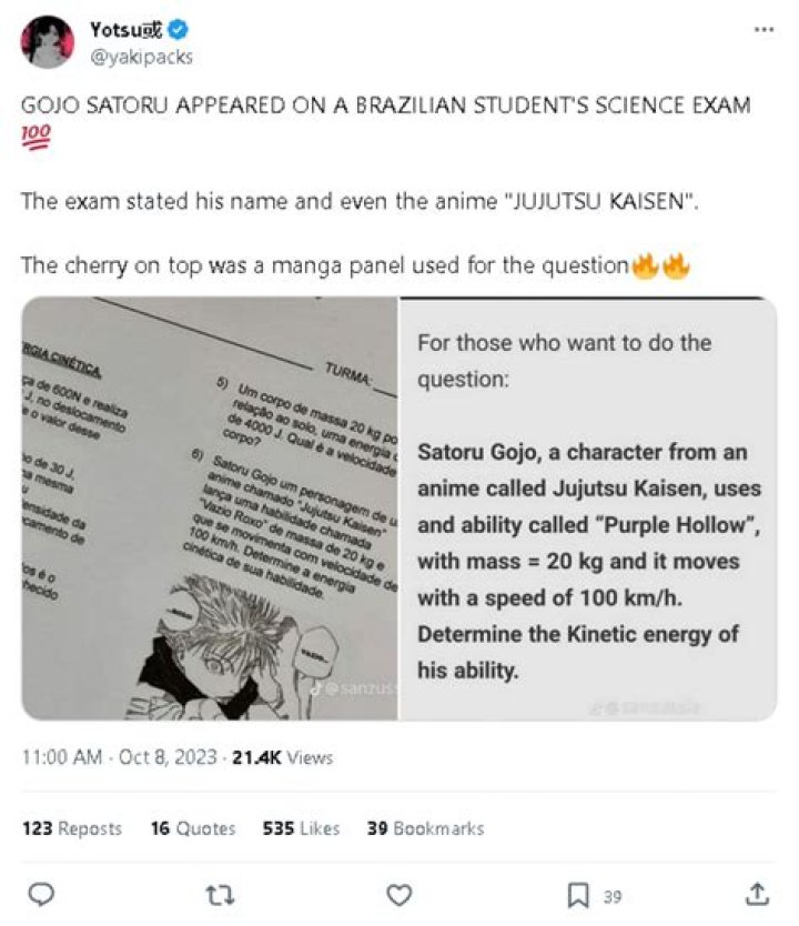 Jujutsu Kaisen: This Brazilian Science exam had the most creative use of Satoru Gojo and his cursed technique 'Purple Hollow'; can you solve it?