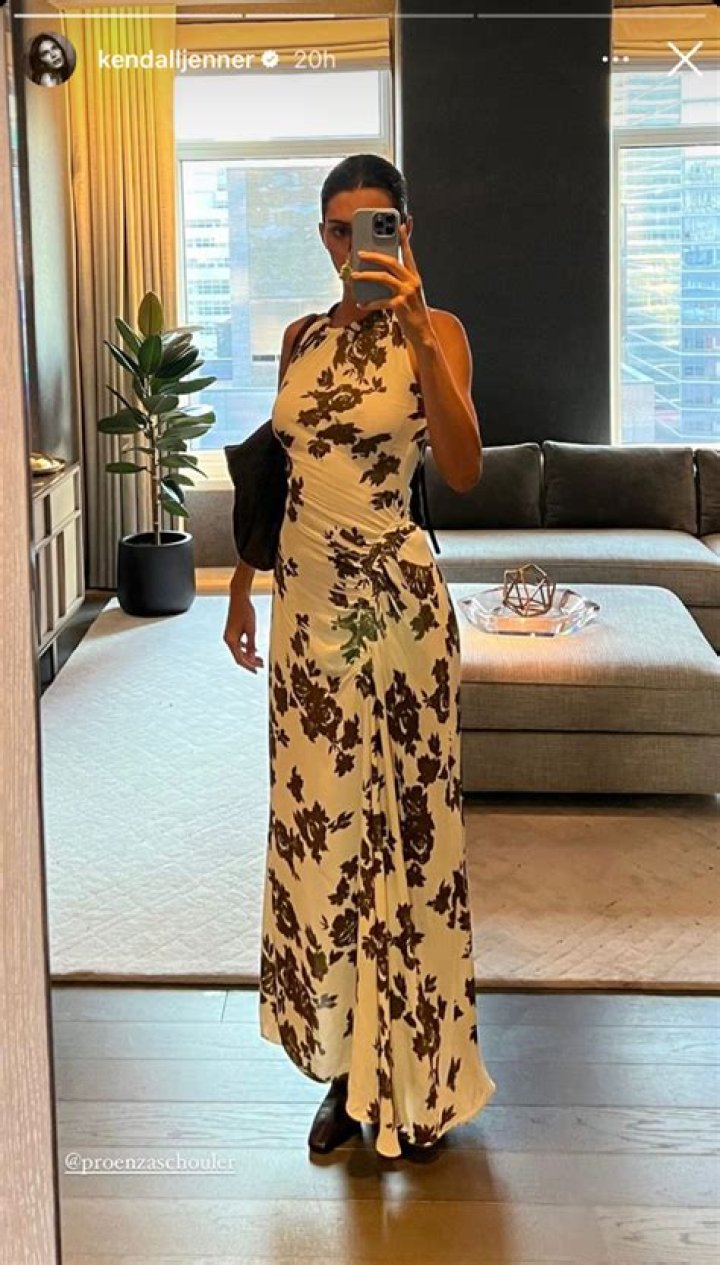 Kendall Jenner shows off slim physique in floral gown