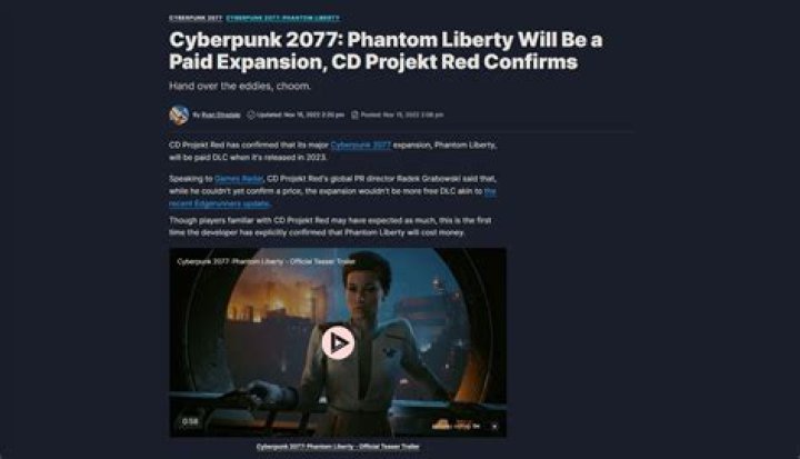 Phantom Liberty Will Be a Paid Expansion, CD Projekt Red Confirms