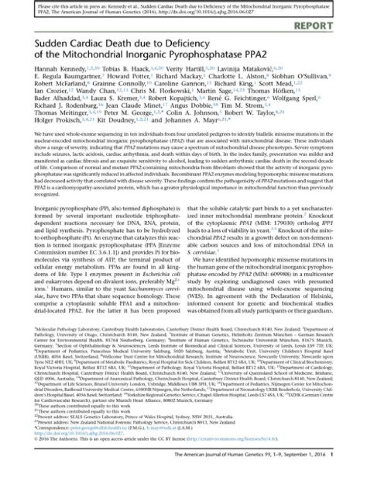 Sudden Cardiac Death Due to Deficiency of the Mitochondrial Inorganic Pyrophosphatase PPA2 - ePrints
