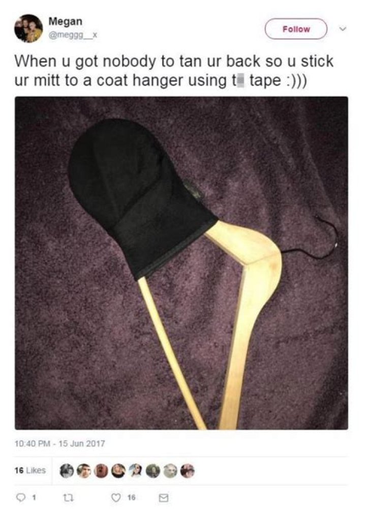 Tanning addicts are applying fake bake on their backs with COAT HANGERS in a genius new trend