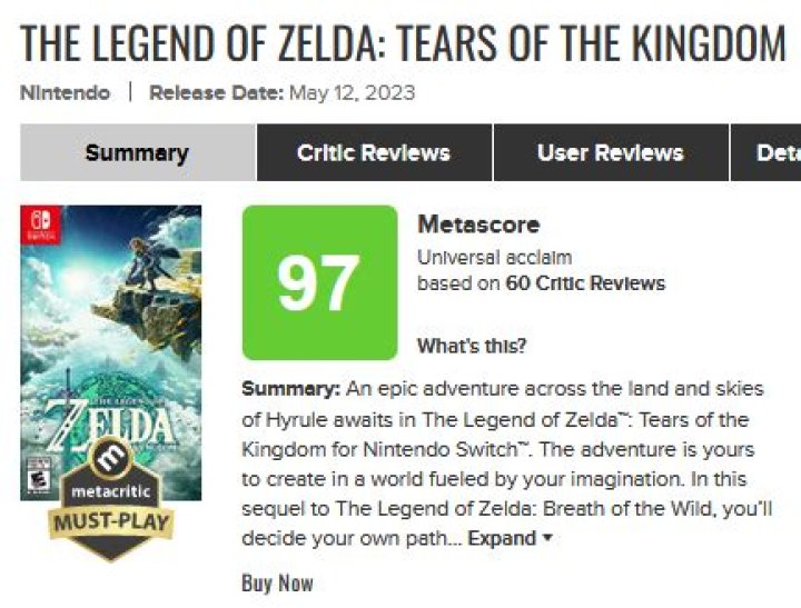 Tears of the Kingdom Metacritic Score Revealed
