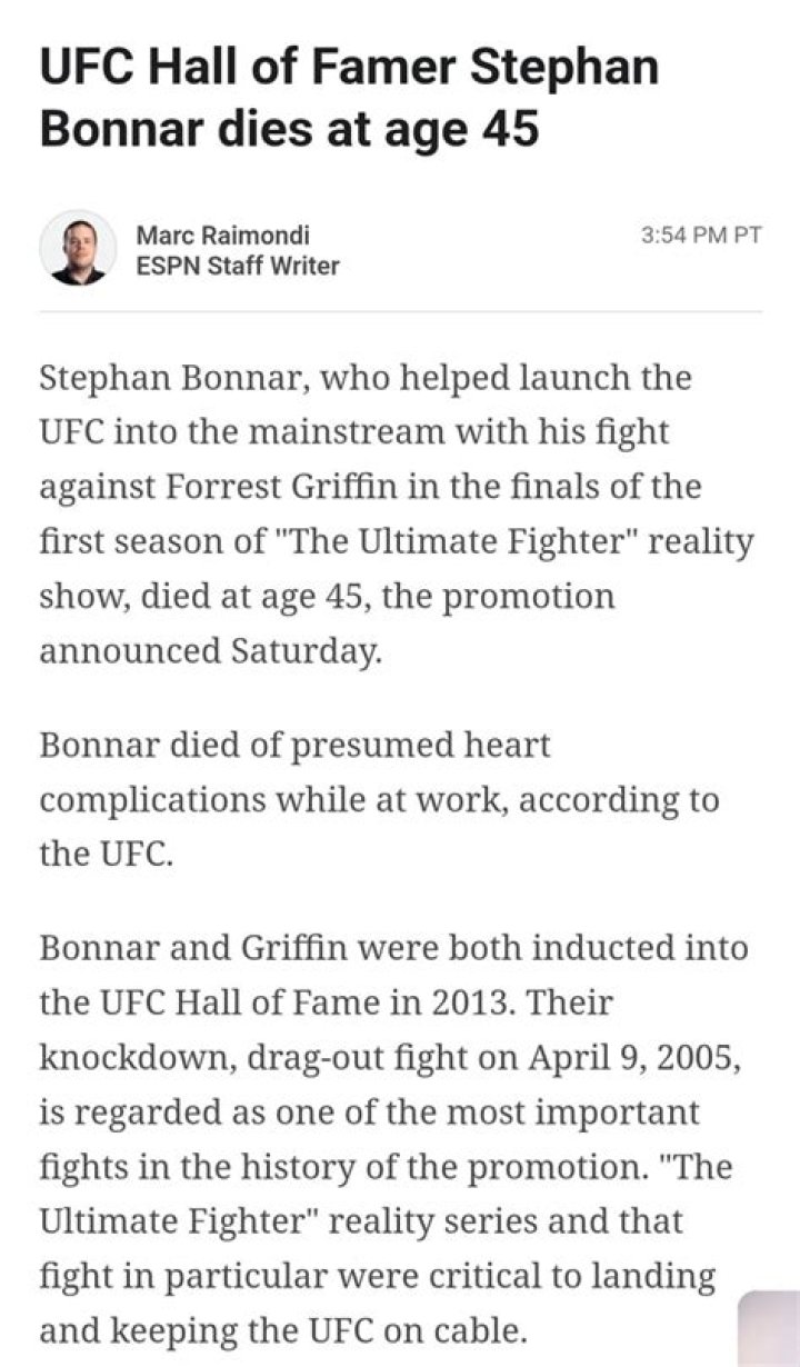 UFC Hall of Famer Stephan Bonnar Dies at Age 45