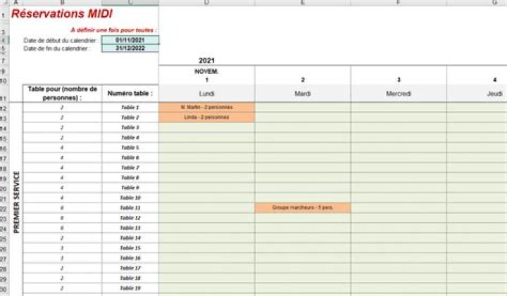 Un planning réservation restaurant Excel gratuit : OPTIMAL
