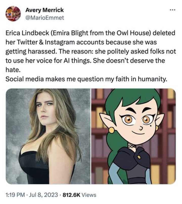Voice Actress Erica Lindbeck Deleted her Twitter Account Following Futaba AI Cover Video Controversy