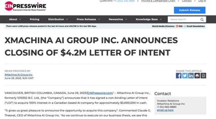 XMACHINA AI GROUP INC. ANNOUNCES CLOSING OF $4.2M LETTER OF INTENT